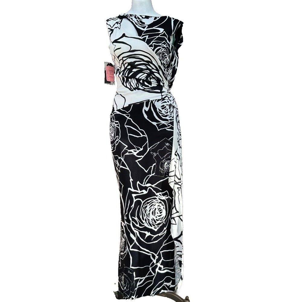 NEW Casadei Floral Maxi Dress Size 8 Black White Cutout Slit Sleeveless Cocktail